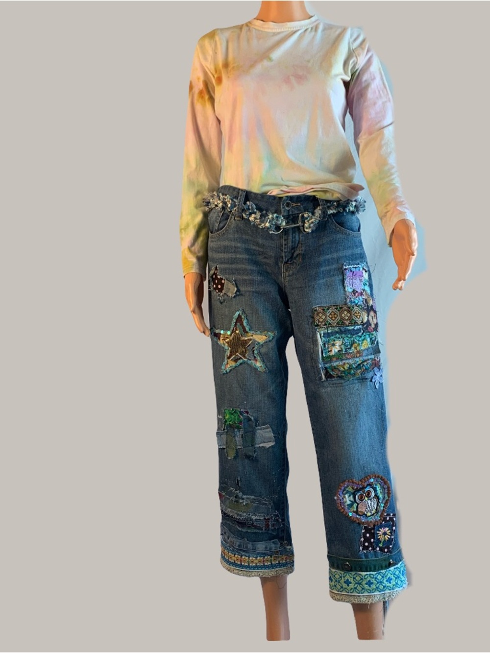 Blue Patchwork Embellished Women's Boyfriend Jeans